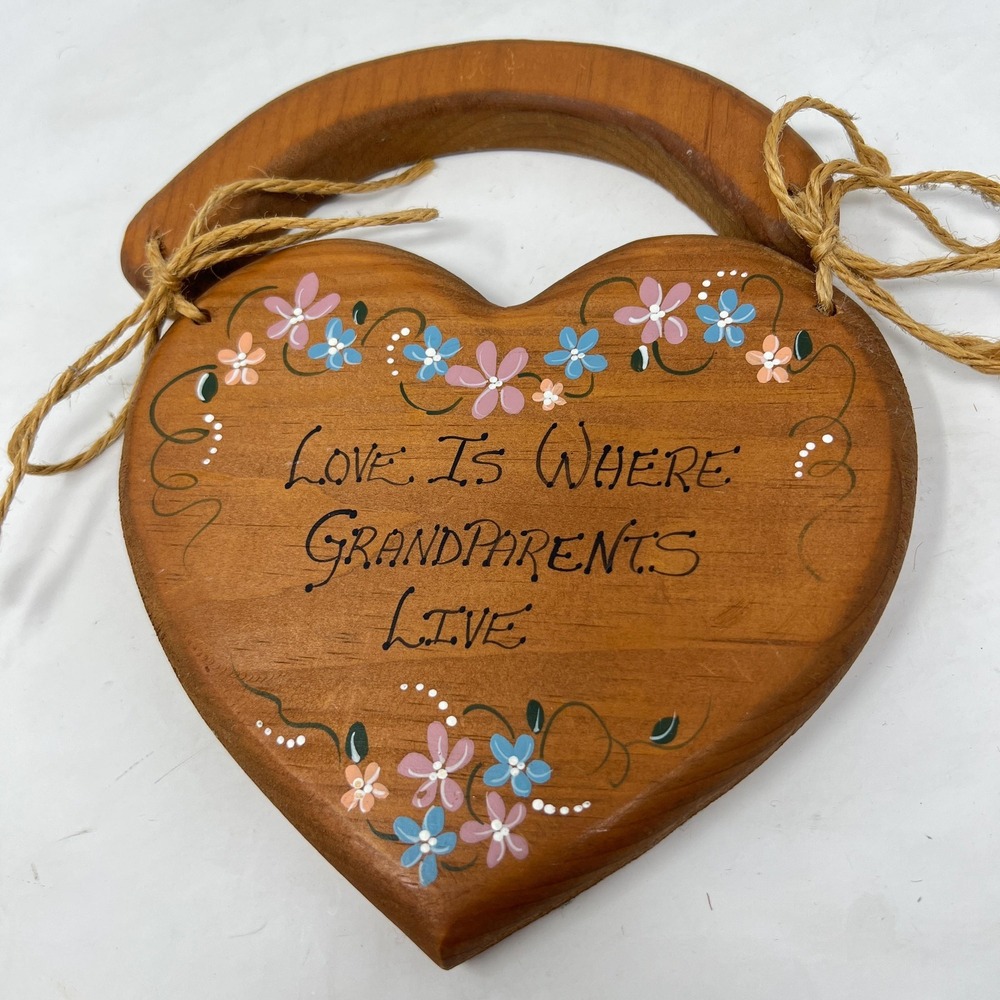 Vintage Wood Painted Heart "Grandparents" Hanging Wall Decor Cottagecore Country - Picture 6 of 8